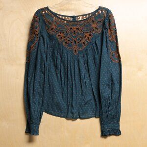 Free People Teal and Brown Embroidered Blouse